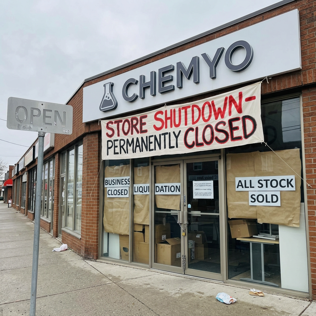 Chemyo storefront with signs reading permanently closed, liquidation, and all stock sold