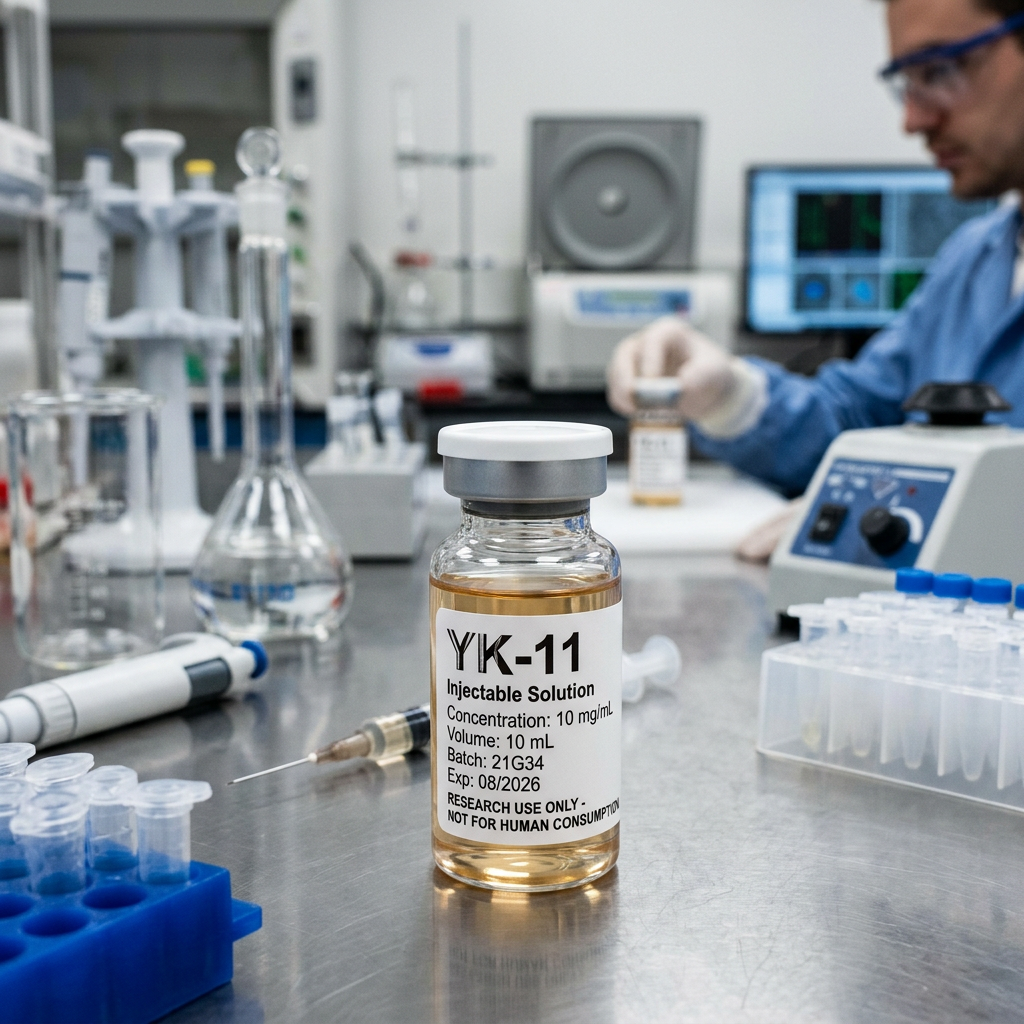 Vial labeled YK-11 Injectable Solution, Concentration: 10 mg/mL, Volume: 10 mL, Batch: 21G34, Exp: 08/2026, Research Use Only - Not for Human Consumption, in a laboratory.