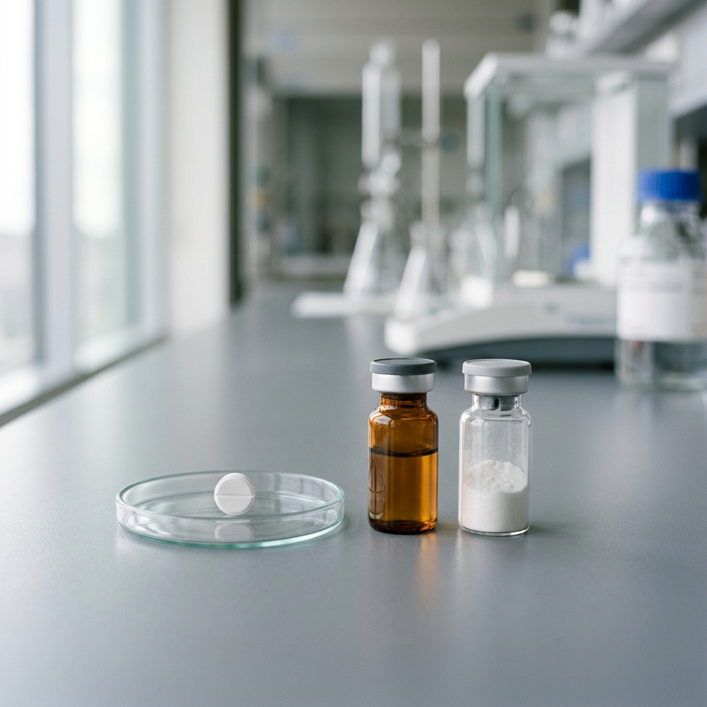 Tablet in a dish beside liquid and powder sample vials