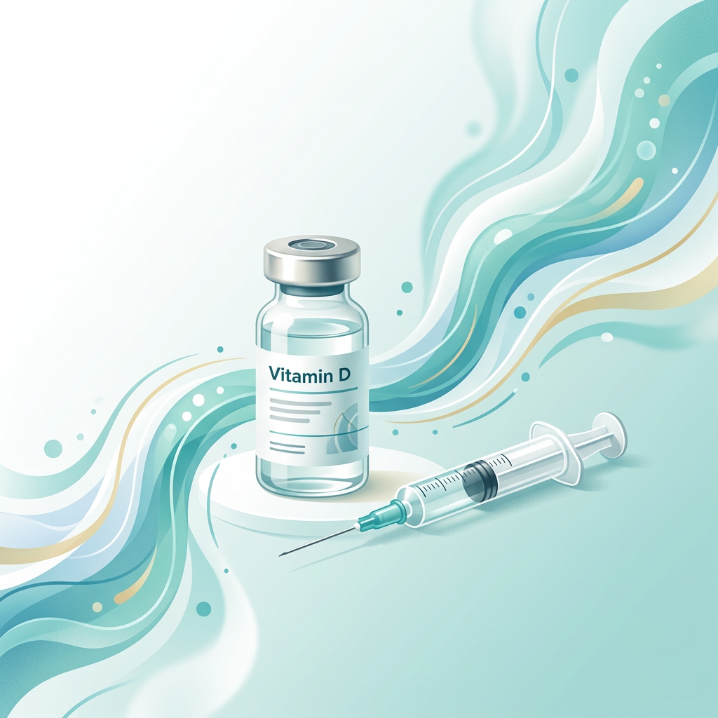 Vitamin D vial and syringe on a stylized teal background