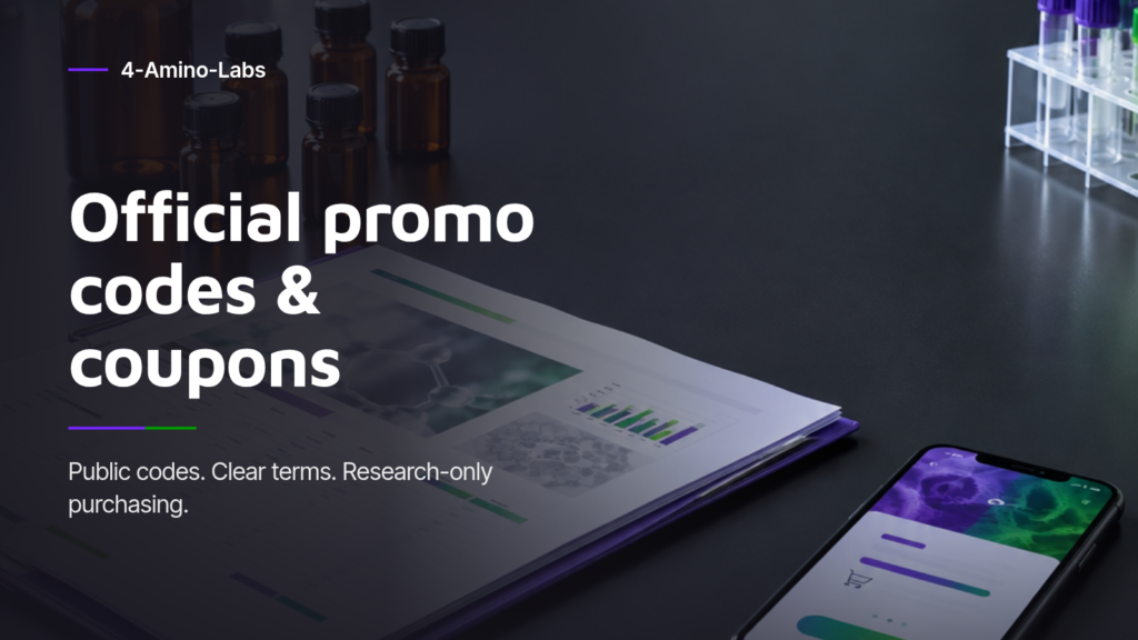 4-Amino-Labs official promo codes and coupons guide cover with illustrative laboratory materials and documentation.