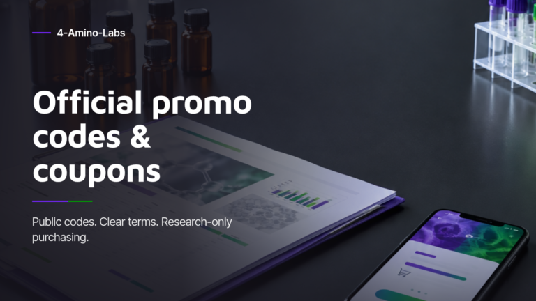 4-Amino-Labs official promo codes and coupons guide cover with illustrative laboratory materials and documentation.