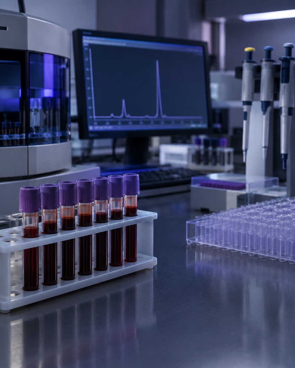 Serum iron assay samples beside an analytical instrument and pipettes
