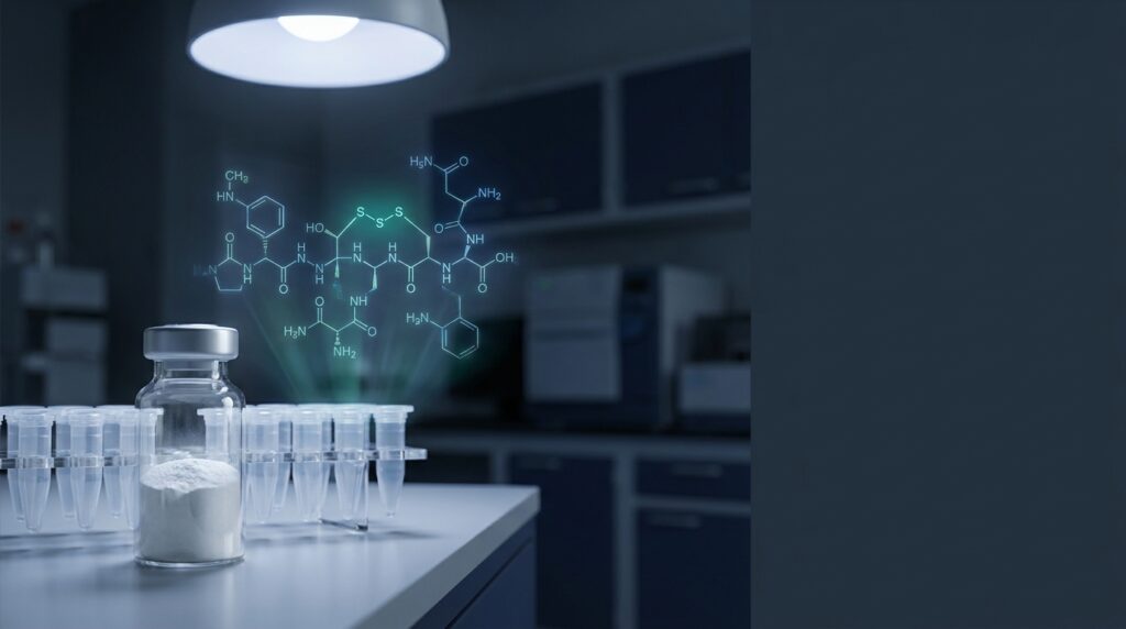 Lyophilized oxytocin peptide vial beside a molecular diagram of the cyclic nonapeptide and its disulfide bridge