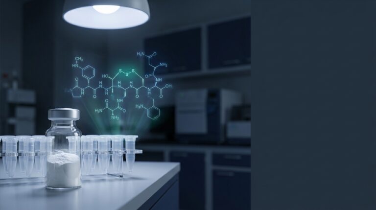 Lyophilized oxytocin peptide vial beside a molecular diagram of the cyclic nonapeptide and its disulfide bridge