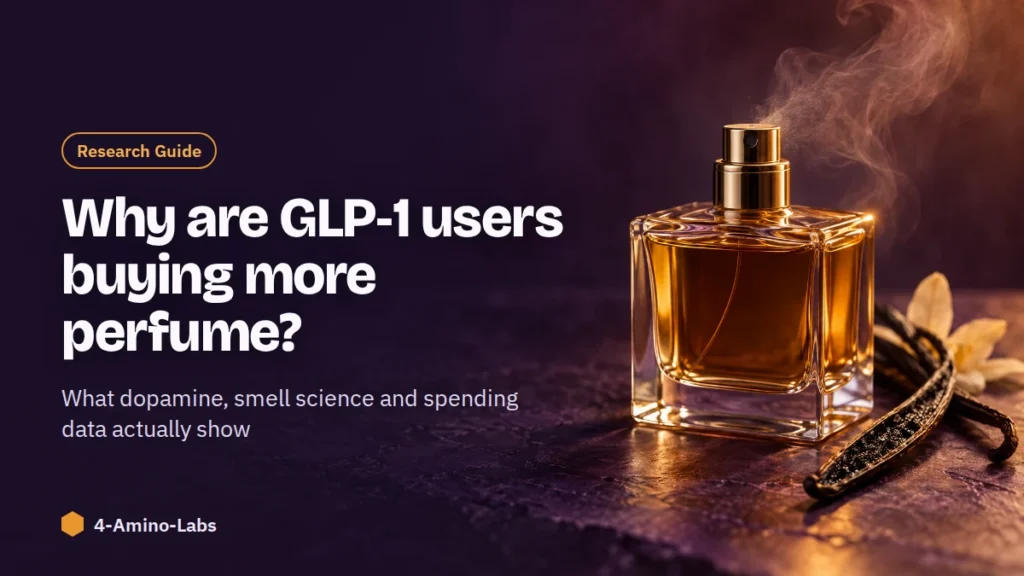 Amber perfume bottle with rising mist and a vanilla bean, for an article on why GLP-1 users are buying more perfume