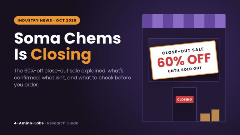 Illustrated storefront with a close-out sale sign reading 60% off until sold out, headline Soma Chems Is Closing